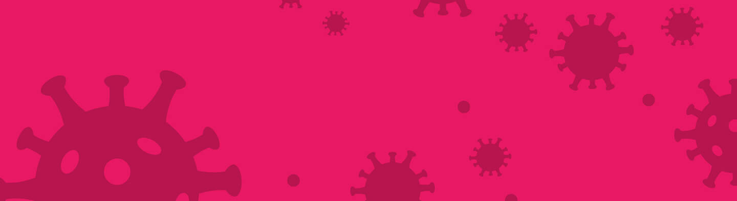 Illustration with Covid virus particles silhouetted on pink background